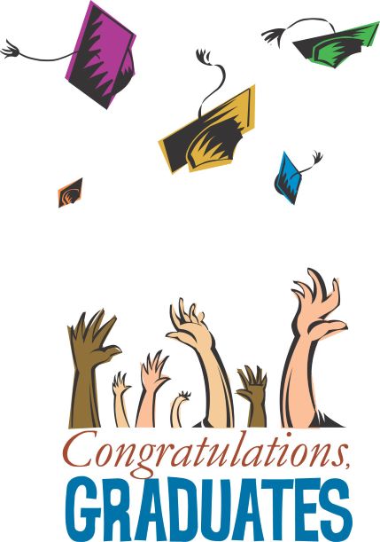 A poster on Congratulations graduates with hands flying their graduation hats