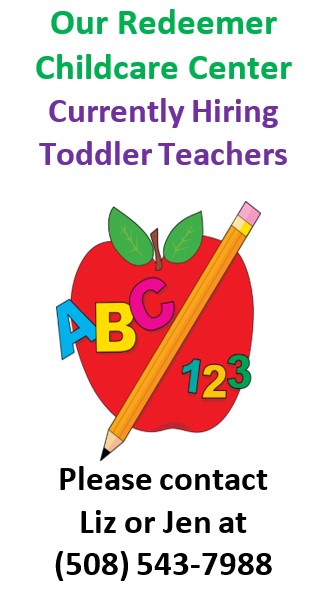 A poster advertisement on Currently hiring toddler teachers by Redeemer Childcare center