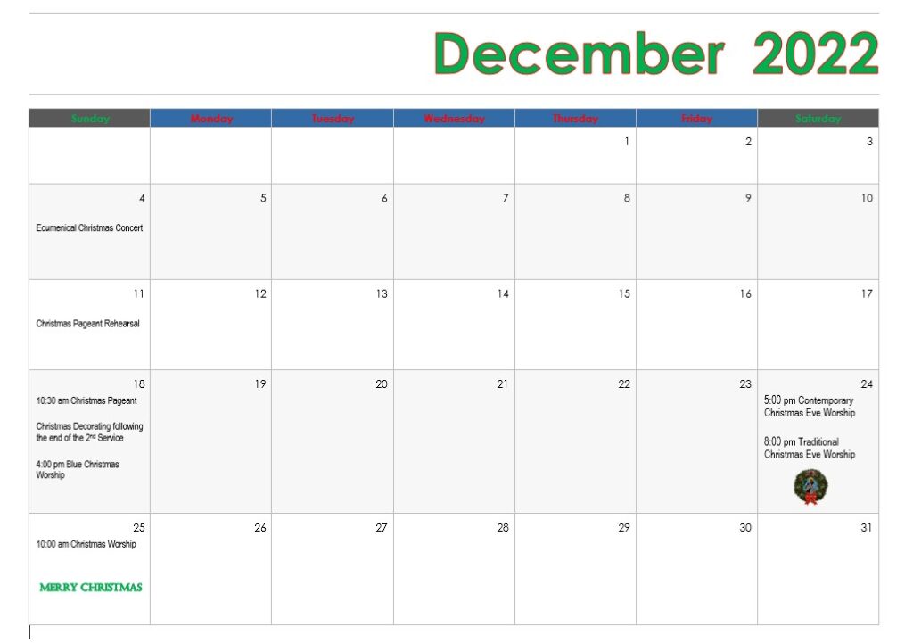 A view of the December 2022 calendar with the dates saved