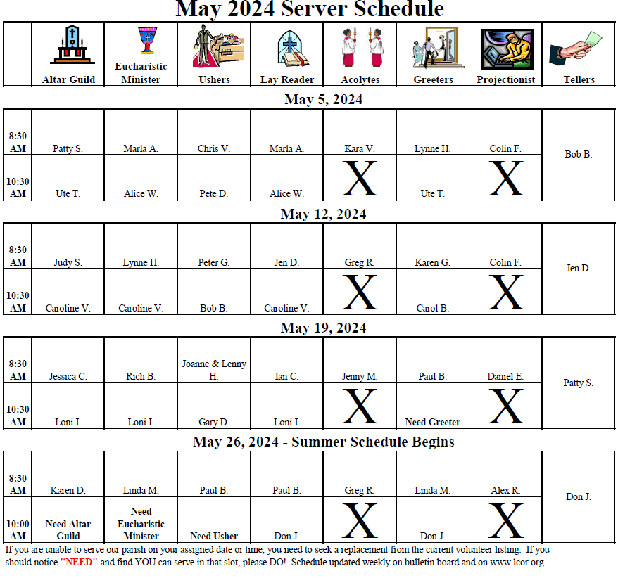 Server Schedule May 2024