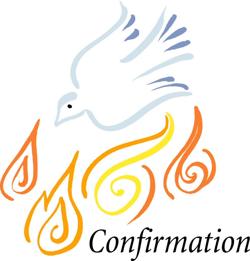 A white bird flying over flames with the word confirmation underneath.