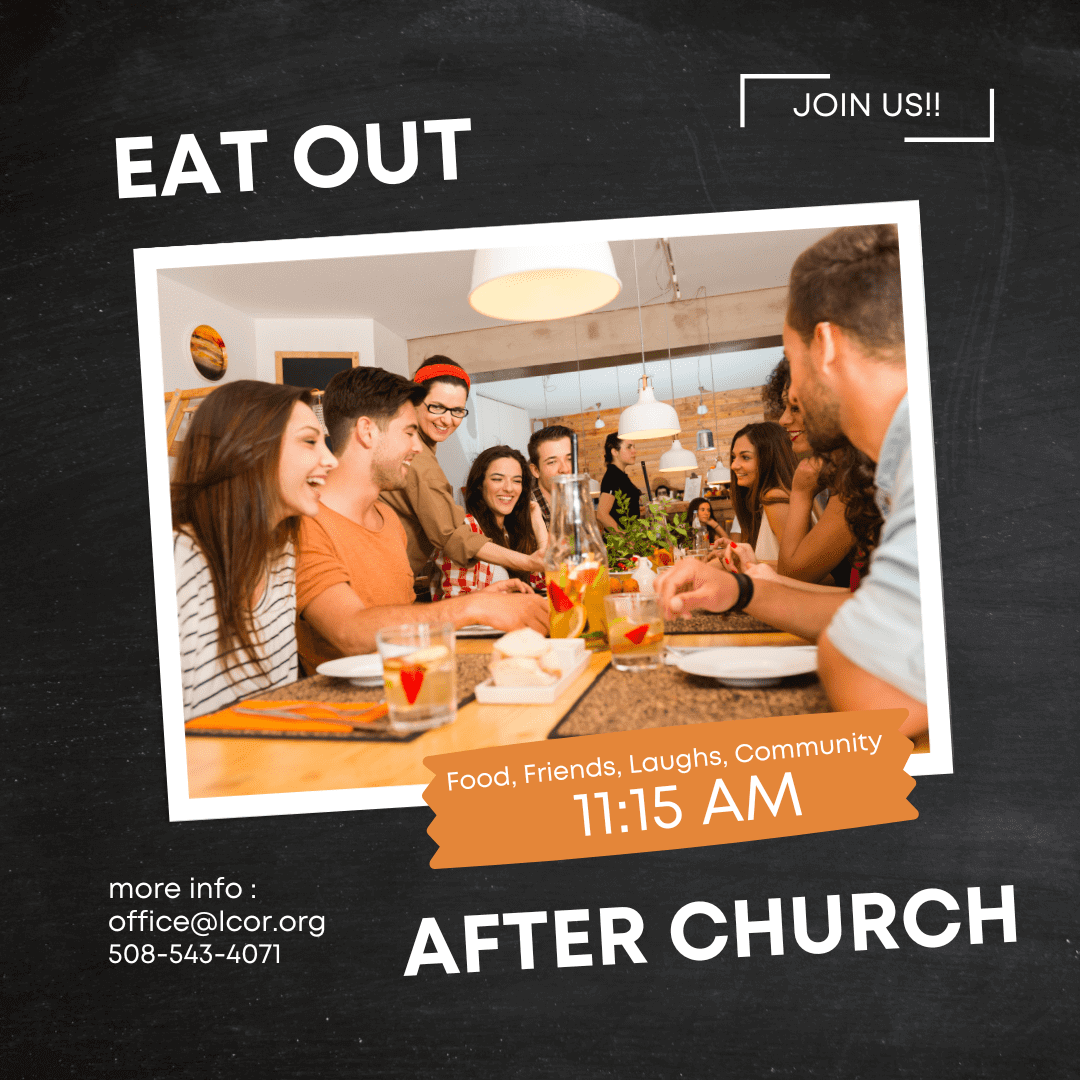 Friends dining together after church event.