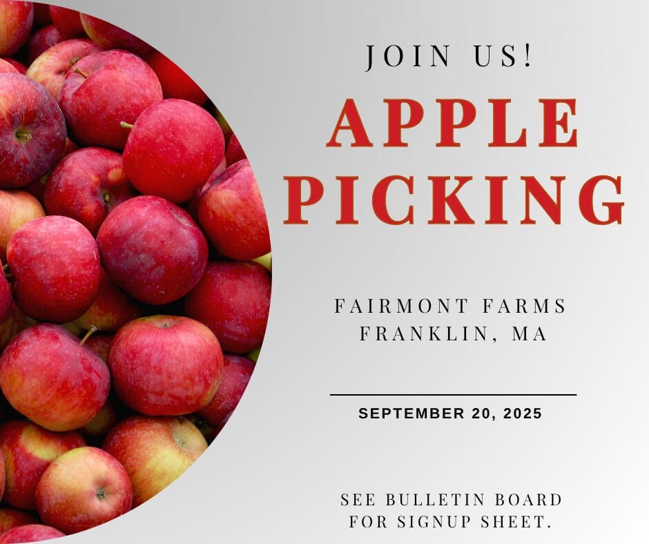 Apple picking event announcement with red apples.