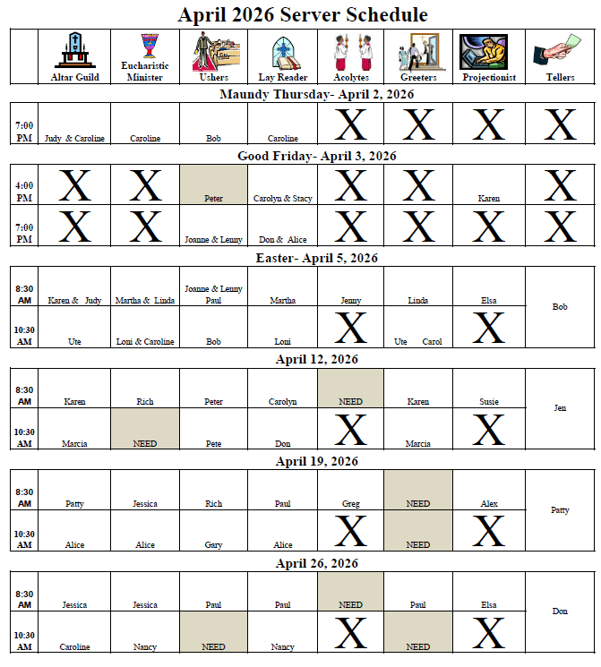 Serv Schedule April 2026